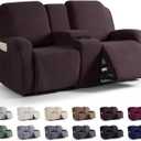 KinCam Loveseat Recliner Covers with Middle Console Slipcover, Recliner Sofa Covers 2 Seat Couch Cover Stripe Jacquard Furniture Protector Covers with Elastic Bottom for Kids, Pets (Dark Coffee)