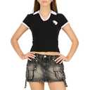 Forever 21 Women's Cropped Polo Tee – Short Sleeve Contrast Trim with Embroidered Graphic, Fitted Preppy Style Top, M