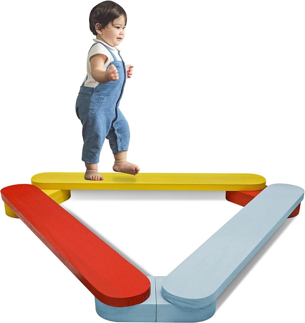 Balance Beam Stepping Stones, Wooden Montessori Toy, Build Coordination and Gross Motor Skills, Gymnastics Obstacle Course Indoor&Outdoor, Toddler Gift (3pcs, Multicolor)
