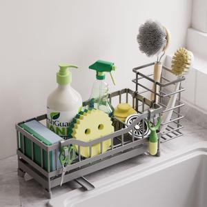 Sponge Holder for Kitchen Sink, Kitchen Sink Caddy with Long-Handled Dish Brushes Holder, 304 Rustproof Stainless Steel Countertop Organizers and Storage, Home Kitchen Sink Accessories (Grey)