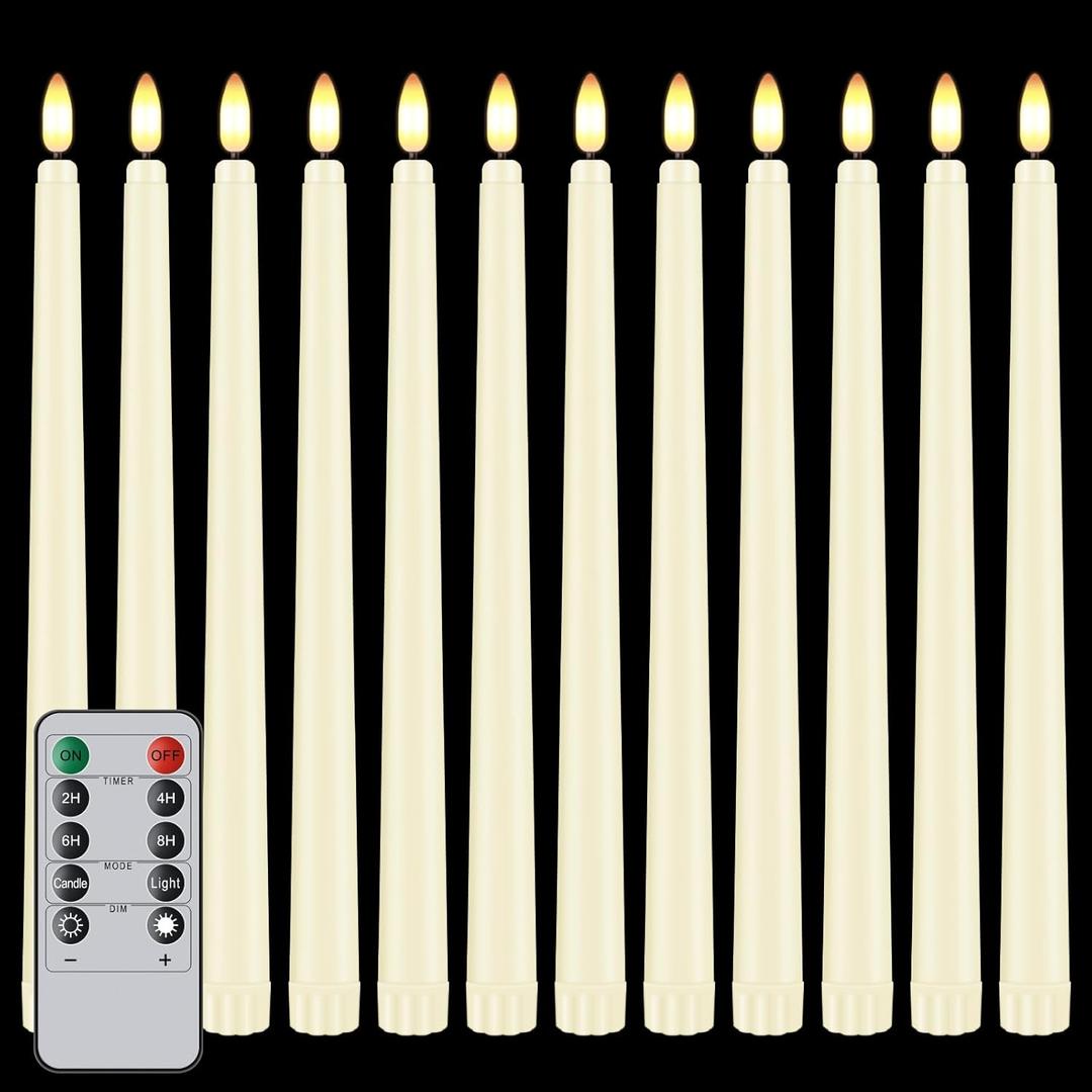 12 Pcs Flickering Flameless LED Taper Candles, 11" Long Fake Taper Candles Battery Operated with Remote Timer, Ivory Plastic Electric Candlesticks for Wedding Party Christmas Holiday