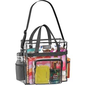 Masirs Clear Tote Bag Stadium Approved - Mesh Pockets Shoulder Straps Zippered Top Perfect for Work Games Concerts (Clear / Black Trim)