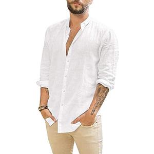 JEKAOYI Mens Casual Long Sleeve Cotton Linen Shirts Buttons Down Solid Plain Roll-Up Sleeve Summer Beach Shirts White (L)