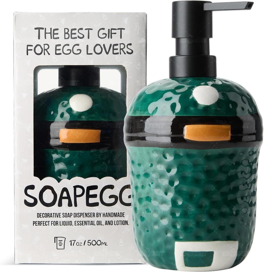 SoapEGG, the L/XL Green Egg Ornament, BGE Charcoal Grill Accessories - Lovely Ceramic Bottel with Rust Proof Pump, Works for Kitchen, Bathroom, and Outdoor Barbecue, Novelty Gift for Egghead