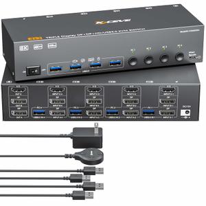KVM403DH: 3 Monitors 4 Computers HD+Displayport,USB3.0 DP KVM Swithc,8K@30Hz/4K@144Hz Triple Monitor KVM Swith