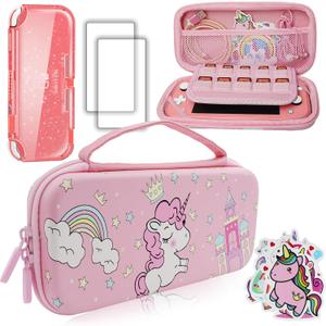 Pink Unicorn Carrying Case Compatible with Nintendo Switch Lite with Crystal Glitter Soft Protective Case Cover+Screen Protector+Stickers, Hard Storage Case Accessories Kit for Girls Birthday Gift