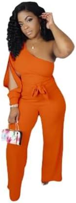 fiocko Women's Sexy One Shoulder Slit Sleeve High Waist One Piece Pant Outfit Wide Leg Jumpsuit Romper Medium