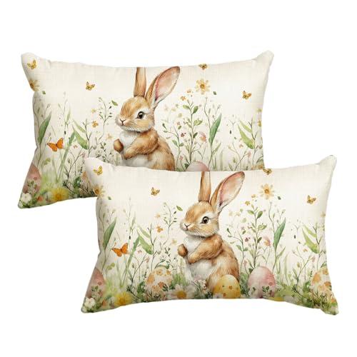 AVOIN colorlife Easter Eggs Bunny Throw Pillow Covers, 12 x 20 Inch Wildflowers Butterfly Cushion Case Decoration for Sofa Couch Set of 2