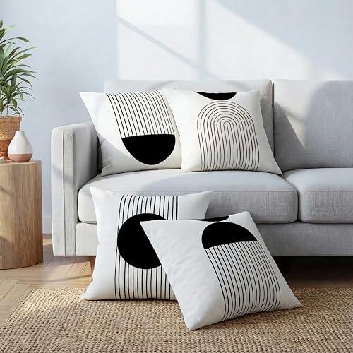 Sagielio Black and White Throw Pillow Covers 18x18 Inches Set of 4, Decorative Double-Sided Soft Microfiber Boho Mid Century Modern Arch Sun Decor Pillow Cases