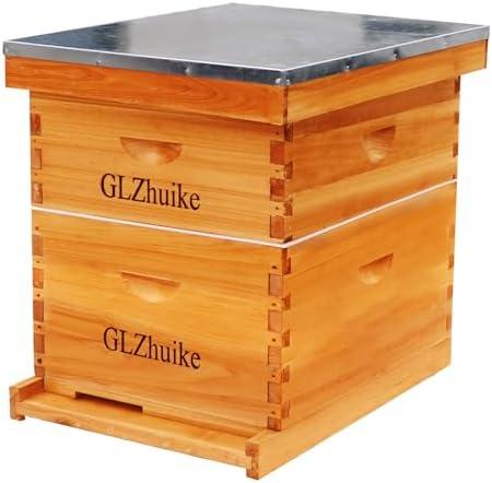 GLZhuike 10 Frame Beeswax Coated Bee Hive Kit, Include Deep Brood Box & Medium Honey Super with Bee Frames & Foundations | All-Natural Beekeeping Supplies for Beginners & Professionals (Unassembled)