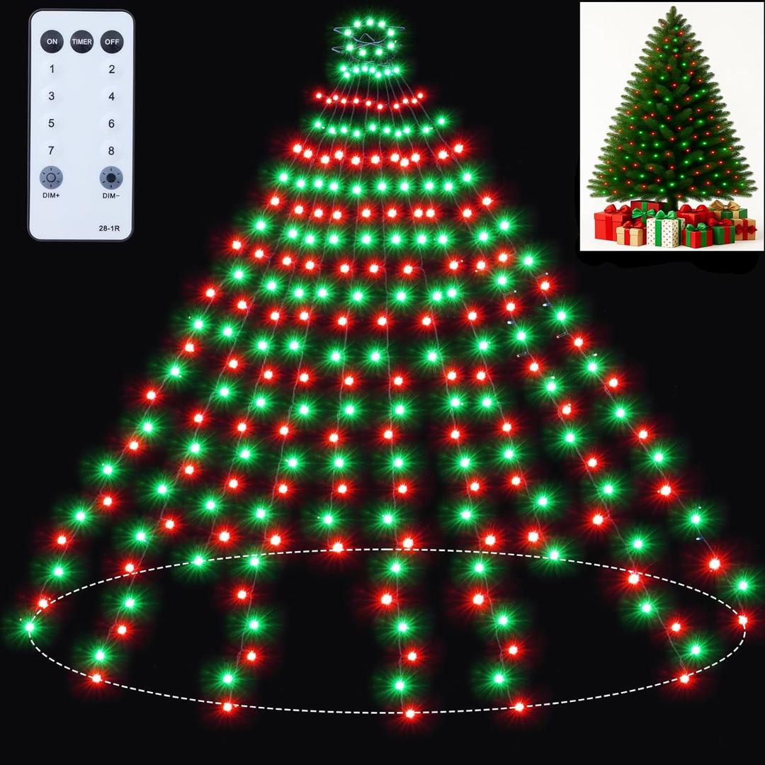 Christmas Tree Lights Red and Green Christmas Lights Outdoor Indoor 280Led 10 Lines with 8 Lighting Modes, Timer and Remote Control, Fairy Lights for Wedding Home Party 4Ft - 7Ft Xmas Tree Decorations