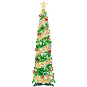5 Ft Pop Up Christmas Tree Tinsel Dual Color Change Timer 4 Modes DIY 60 Warm White & Colored Lights 15 Christmas Ball Ornament 3D Star Battery Operated Pencil Xmas Slim Tree Home Indoor Holiday Decor (Green Champagne Gold)