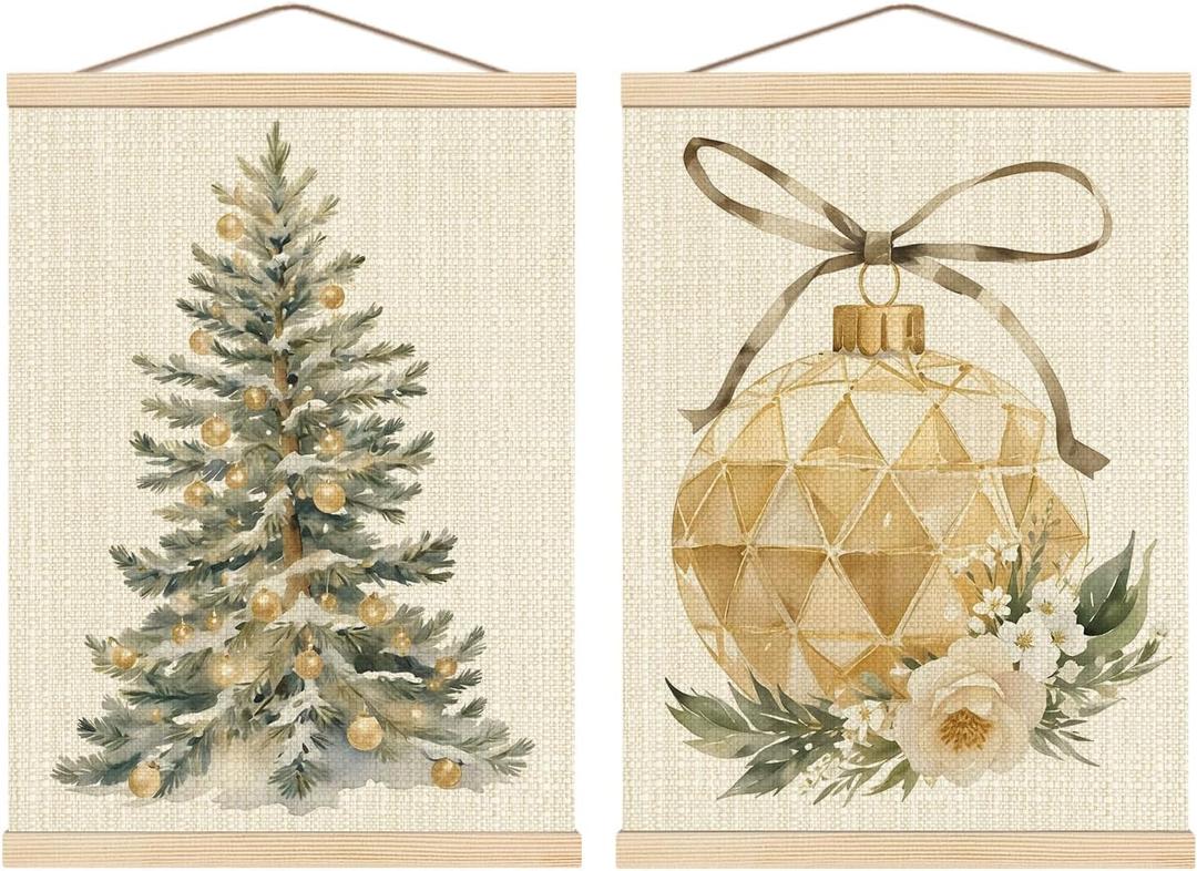Boat Wades Gold Christmas Tree Ball Wall Art Poster Hanger Frame, Rustic Christmas Decor, Holiday Winter Xmas Bauble Tree Floral Wall Decor for Home Living Room Bedroom, 12x16 Inch Set of 2