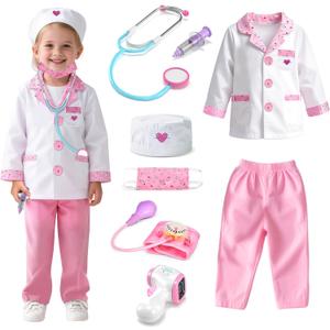 Lehoo Castle Doctor Costume for Kids, Doctor Dress Up and Play Set 8 PCS with Stethoscope, Role Play Costume for Toddlers 4-6 (Pink)