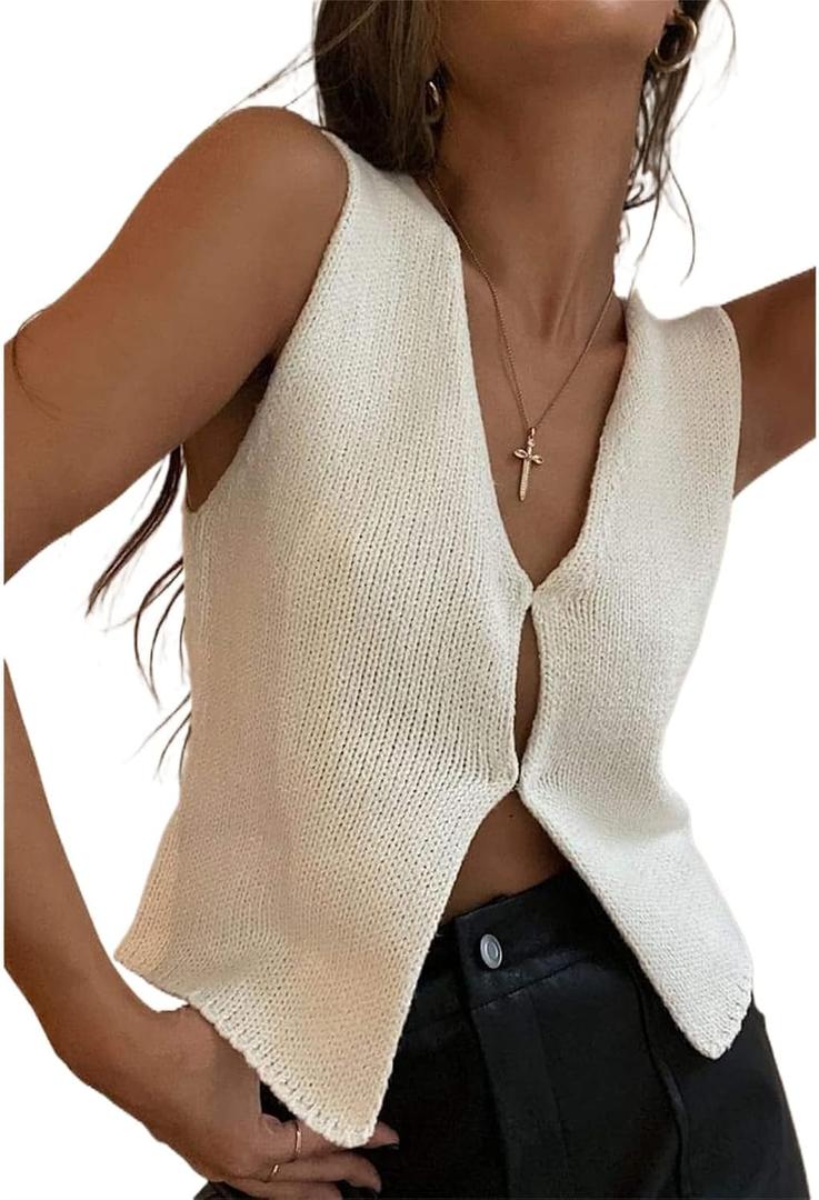 Women Crochet Vest Top Y2k Knit V Neck Sleeveless Button Down Vintage Casual Streetwear (Medium, A1 White)