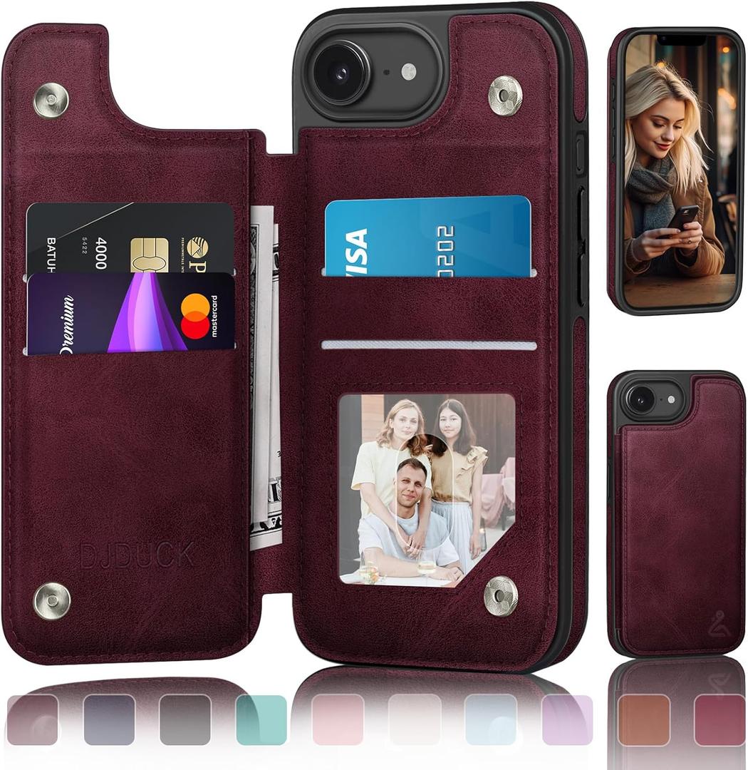 DJDUCK Designed for iPhone 16E Case Wallet with Card Holder, [Magnetic Clasp Cover] [RFID Blocking Leather Protection] Shockproof Women Men Cases 6.1" for Apple 16E Wine Red