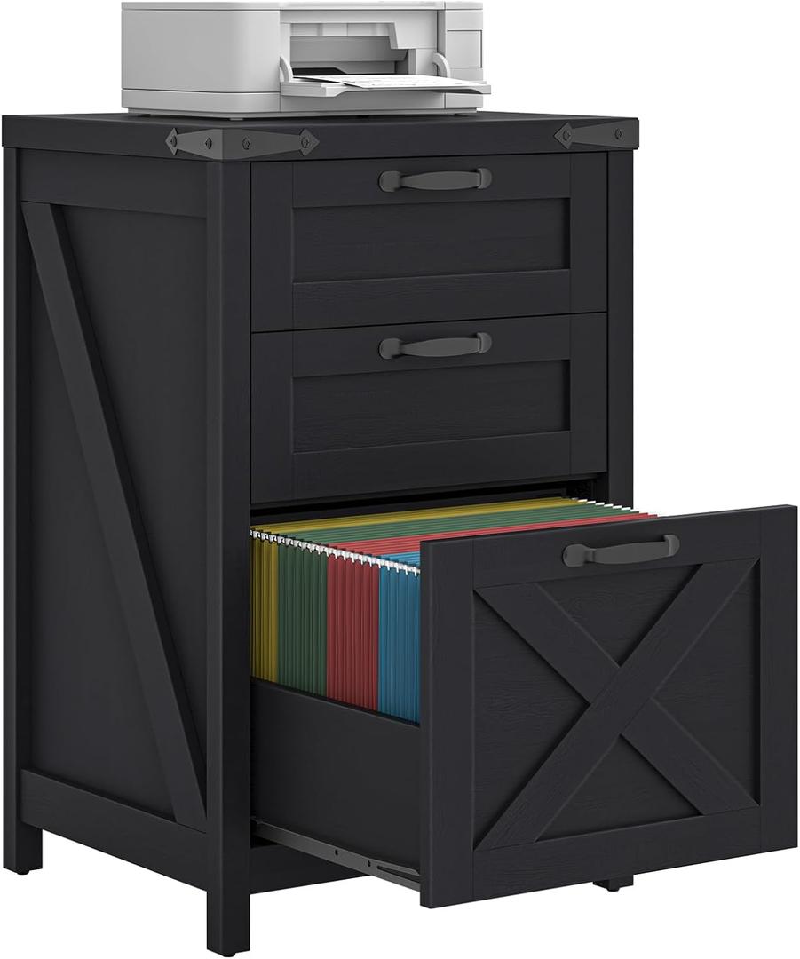 Halitaa Small Farmhouse File Cabinet with 3 Drawers for Home Office, Black | Vertical Filing Cabinet Fits Letter and A4 Size, Farmhouse Printer Stand, Under Desk Wooden File Cabinet