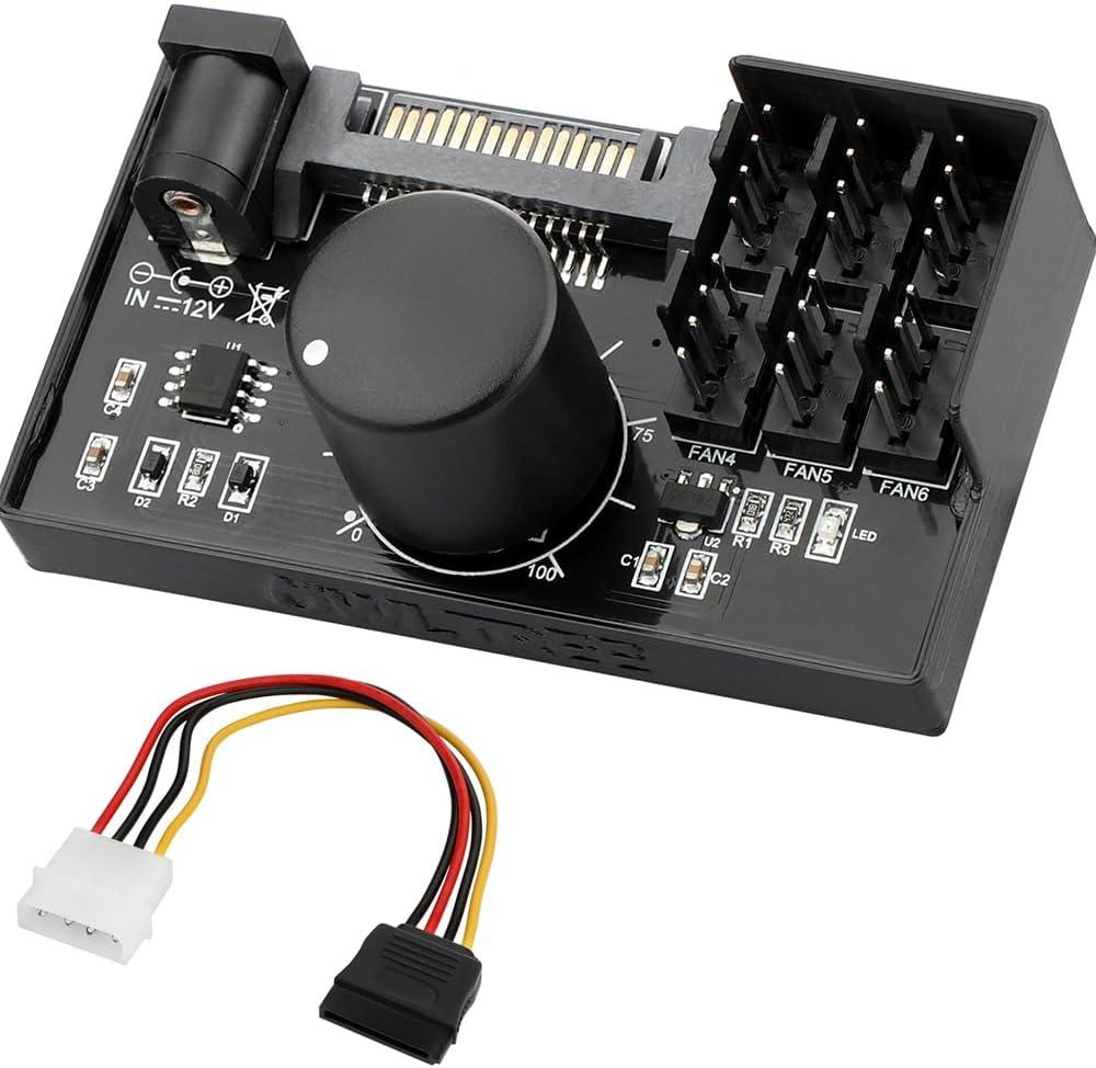 4 Pin 12V PWM Fan Controller 6 Fans Supported , PC Fan Adapter Hub Powered by SATA and DC 5525, Cooling Fan Speed Knob with Max Total 60W 5A Output