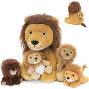 MorisMos 5Pcs Lion Stuffed Animal Set, 13.7" Stuffed Lion Plush Toys with 4 Babies Inside, Wild Animal Plush Toys, Gift for Boys, Girls, Kids Birthday Christmas