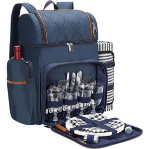 Picnic Backpack for 4,Picnic Basket Set,Leakproof Picnic Bag,Beach Cooler Backpack with Insulated Cooler Wine Pouch,Picnic Blanket, Double Deck Picnic Backpack for Beach,Camping,Park(Navy Blue)