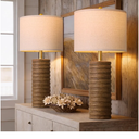 PoKat Farmhouse Table Lamps Set of 2 for Living Room, 27'' Tall Retro Ceramic Bedside Lamps with Linen Lampshade for Bedroom, Vintage Wood-Like Rustic Nightstand Lamp Office Sideboard Hallway (Brown)