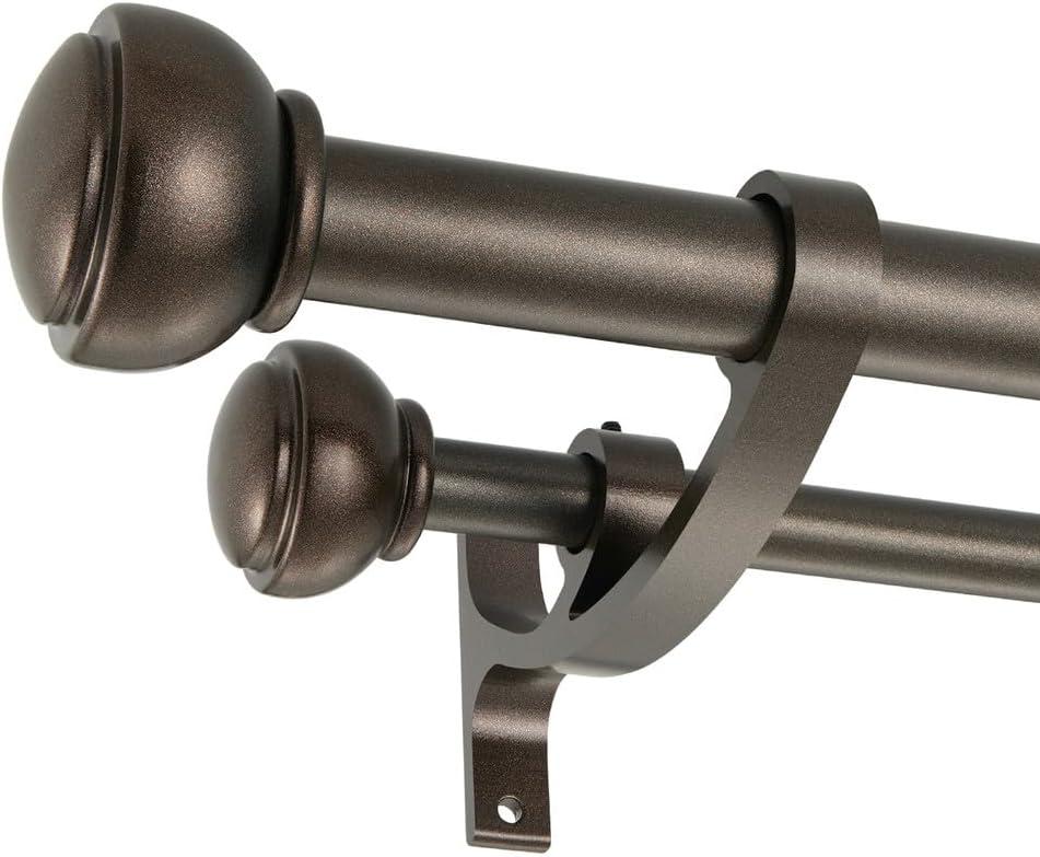 Antique Brown Curtain Rods for Windows 28-48 Inch, Decorative Double Drapery Rods with Cap Finials, 1-Inch Front, 5/8-Inch Back, Adjustable Dual Rods