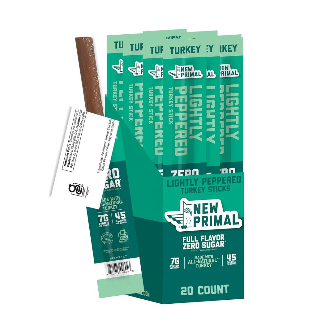 New Primal Lightly Peppered Turkey Sticks, Keto, Gluten Free Healthy Snacks, Sugar Free Low Carb High Protein, Jerky Meat Stick, 7g Protein, 20 Ct, Best By 11/25/26