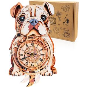 3D Puzzle for Adults Bulldog Clock - Mechanical DIY Wall Clock Kit Model Building Set Hobbies for Women Men Puzzle Home Decor & Stress Relief Craft Unique Gift for DIY Lovers