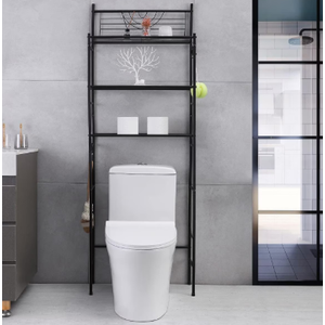 3-Tier Bathroom Over The Toilet Storage Rack Free Standing Metal Frame Shelf Organizer, with 4-Hooks, Black