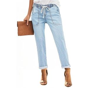 Sweezarmo Women's Pull On Solid Color Jeans Drawstring Elastic Waist Denim Stretch Joggers for Women (Blue, XL)