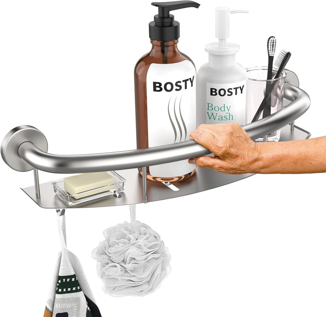 Satin Brushed Nickel Shower Grab Bar w/Storage Shelf 18 Inch, Zepolu Stainless Steel 2in1 Shampoo Shelf Grab Bar, Wall Mount Safety Balance Bar for Bathroom Support Handrail Assist Handle for Senior