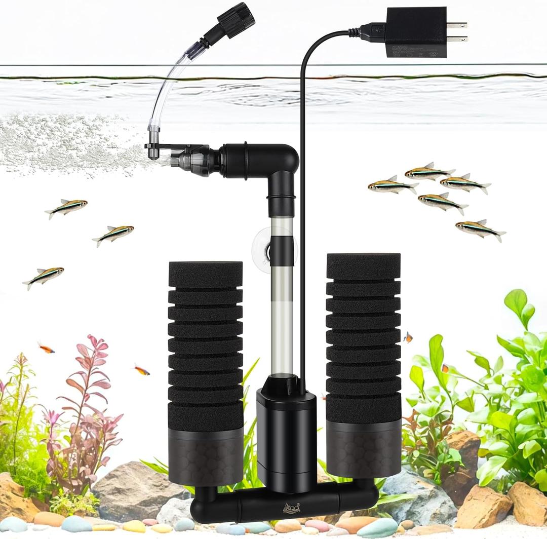 AQQA Electric Sponge Filter for Aquarium – Quiet USB Powered Breeding & Shrimp Filter with Bio Ceramic Media, Adjustable Air Intake & 360° Rotatable Outflow (M for 15-55 Gal)