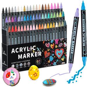 60 Colors Dual Tip Acrylic Paint Pens Markers, Double Tip Premium Acrylic Markers for Wood, Rock Painting, Glass, Canvas, Stone, DIY Crafts Making Art Supplies