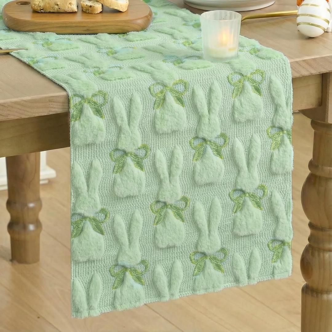 Artoid Mode Sage Green Soft Plush Faux Fur Jacquard Bunny Bow Easter Table Runner, Spring Holiday Kitchen Dining Table Decoration for Home Party Decor 13x72 Inch
