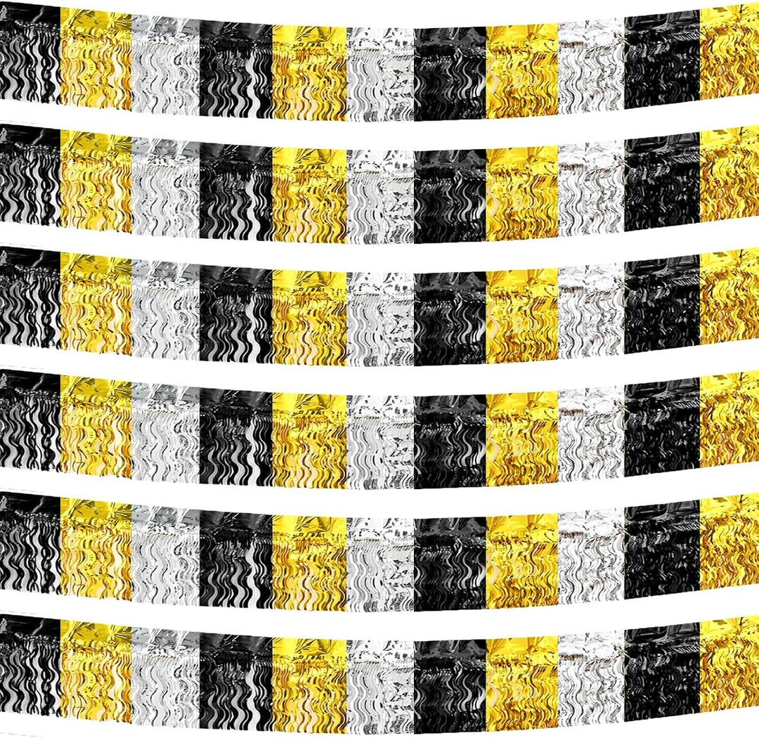 6P Gold Black Silver Wavy Metallic Foil Fringe Banner Tinsel Banner Backdrop Garland Curtains for Parade Floats Wedding Birthday Parties Decoration Halloween Christmas