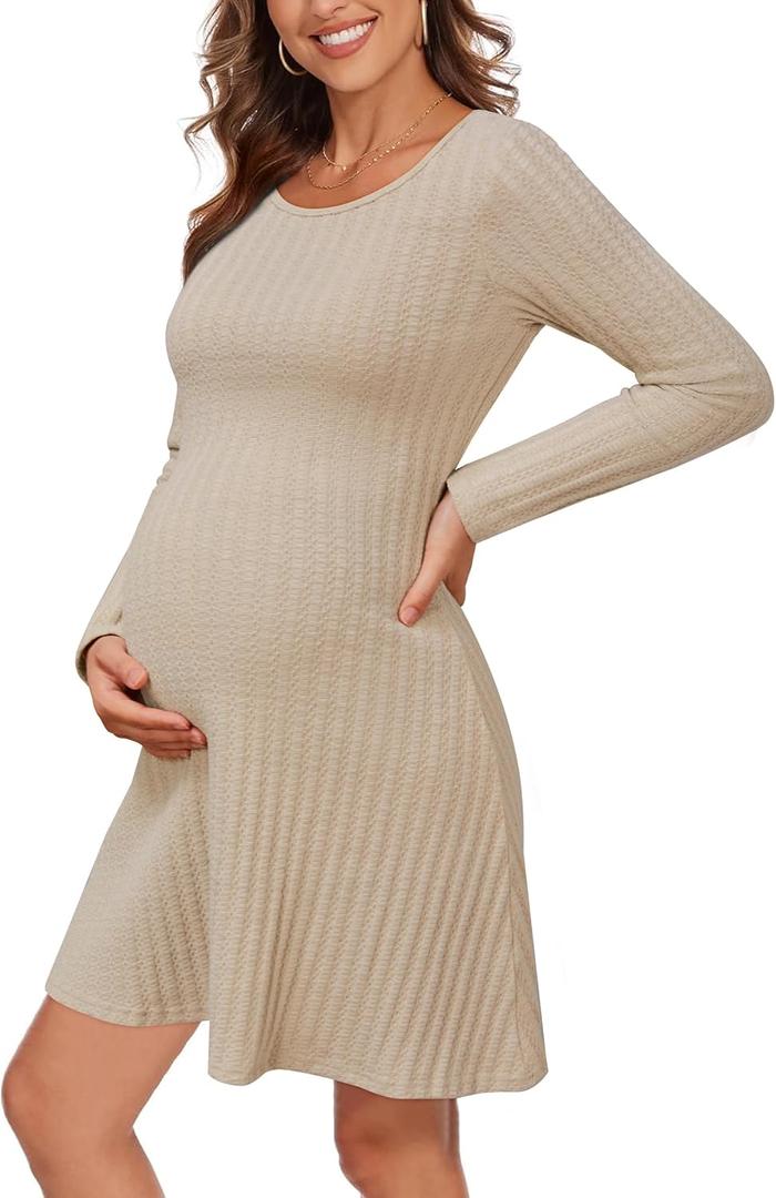 OUGES 2025 Fall Sweater Dress for Women Crew Neck Long Sleeve Knit Lightweight Casual Dresses (Large, Beige)