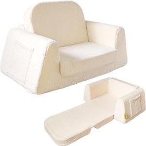 BanaSuper Extra-Wide Kids Sofa for Toddlers, 2-in-1 Convertible Memory Foam Couch to Lounger, Fold-Out Soft Sherpa Baby Sofa Bed & Reading Chair for Age 2-8, Gift for Boys & Girls, Beige