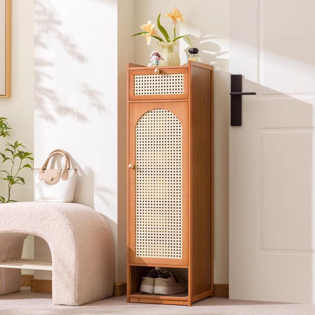 Vertical Bamboo Shoe Rack,Narrow Shoe Rack for Entryway,Free Standing Shelf with Acrylic Door, for Narrow Closet, Entryway, Hallway (7-Tier-B)