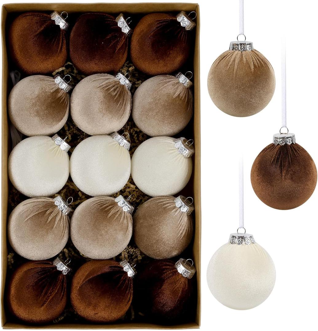 IPOPU 15Pcs Brown Velvet Christmas Ornaments Balls Bulk for Christmas Tree Decor 3.15in Big Flocked Xmas Hanging Ornaments Set for Home, Plastic Large Shatterproof Velvet Ornaments (Brown, White)