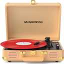 MANGOSTAN Vintage Bluetooth Record Player, 3-Speed Portable Turntable with Built-in Bass Stereo Speakers, Belt-Driven Vinyl Phonograph, Support AUX-in, RCA Line Out & Headphone Jack – Gold