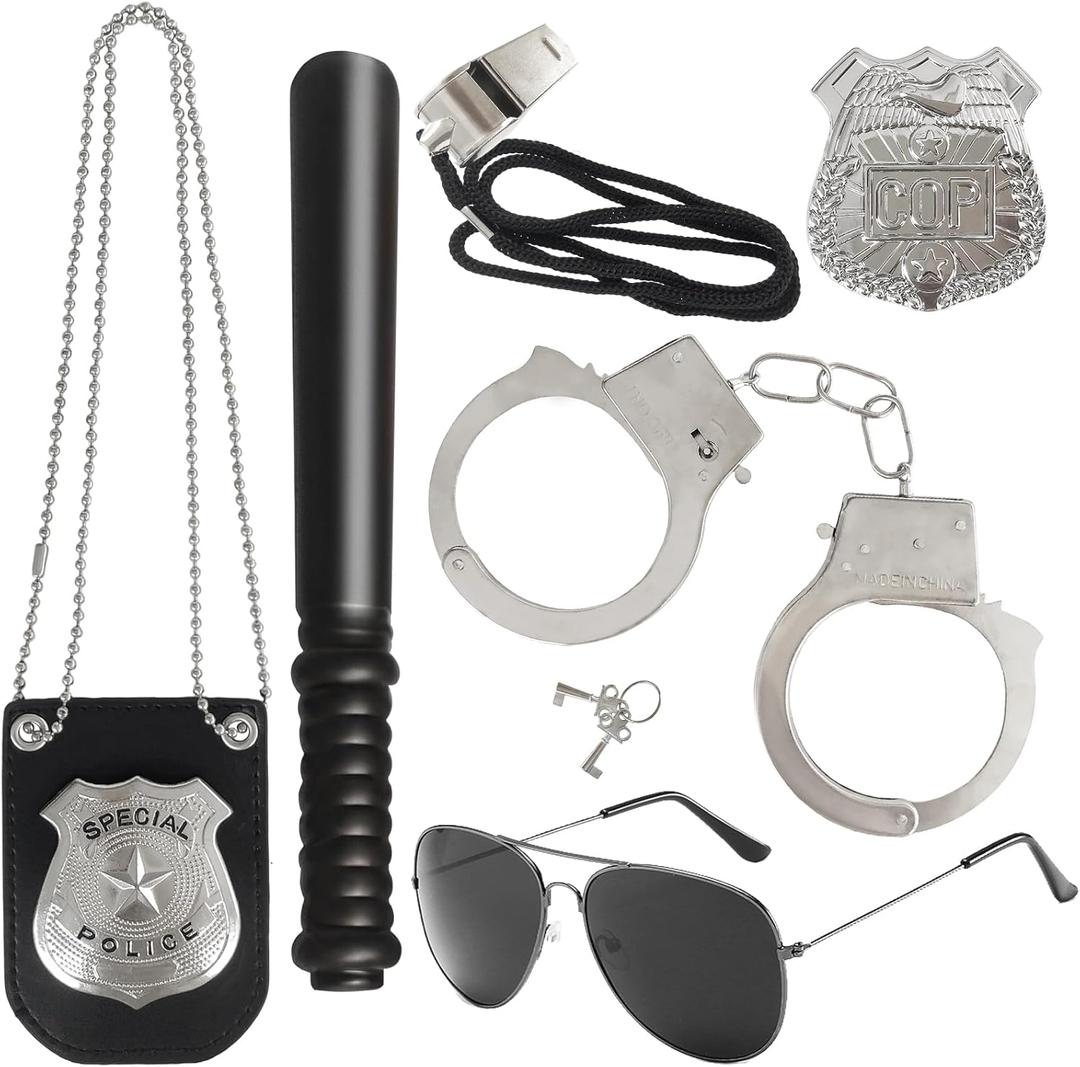 6Pcs Police Pretend Play Toys Set,Kids Detective Set Accessories,Police Officer Costumes with Sunglasses,Badges,Handcuffs,Police Baton,Whistle for Kids