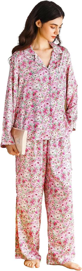YiNi LuLu Womens Silk Satin Pajamas Set Button Down 2 Piece Pjs Long Sleeve Oversized Sleepwear with Pockets, Size: XX-Large