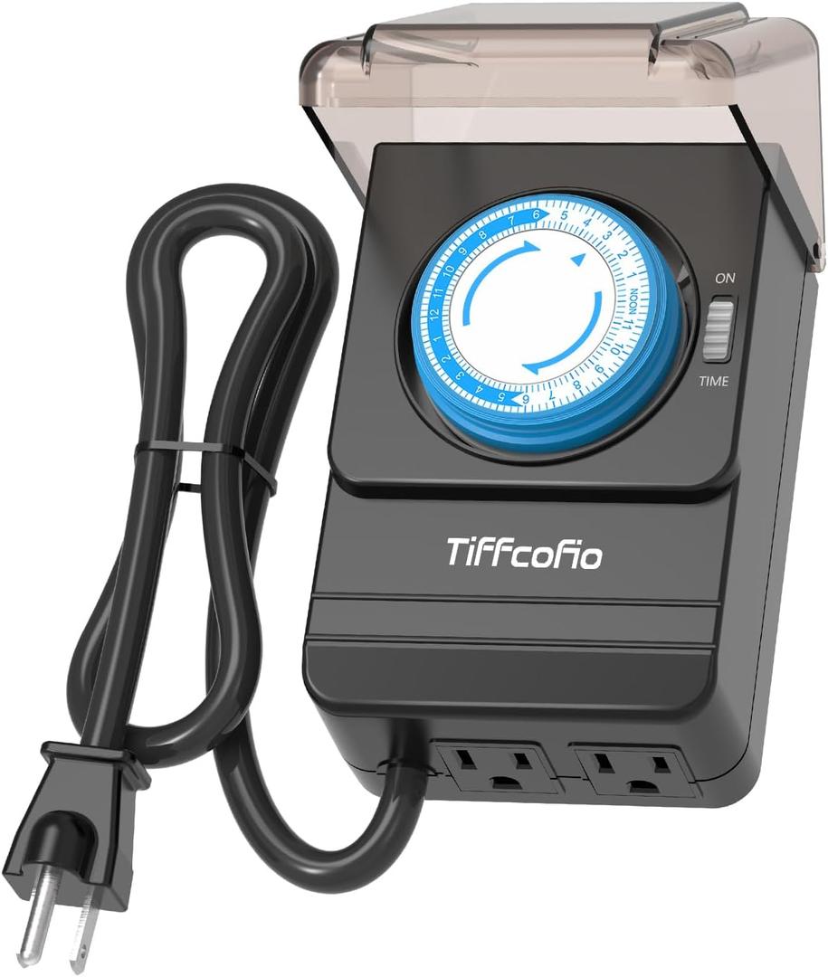 2 x TiFFCOFiO Outdoor Heavy Duty Mechanical Timer Outlet Waterproof, 15 Minutes Intervals, 24 Hour Outdoor Pool Pump Timer with 2FT Cord, 2 Grounded Outlets for Outdoor Lights, 15A/1875W