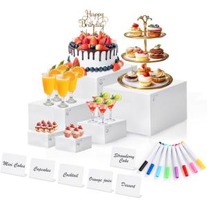 6 Pcs White Acrylic Buffet Risers with Mini Sign and Maker, Food Display Stands for Buffet Table Party Catering Dessert Jewelry Collectibles,Nesting Cube Boxes with Hollow Bottoms (8",7",6",5",4",4")