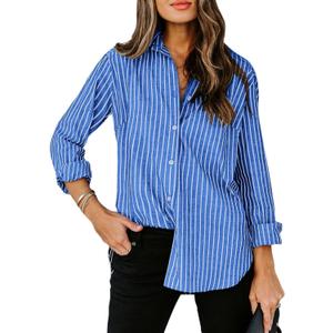 siliteelon Womens Button Down Shirts Cotton Striped Dress Shirt Long Sleeve Collared Office Work Blouses Tops (X-Large)