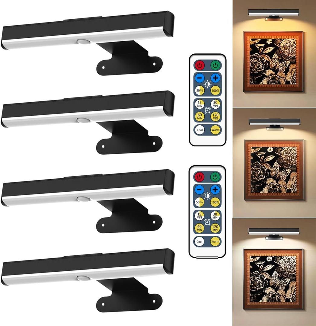 4Pack Wireless Picture Light with Remote,Battery Operated Wall Sconces for Wall Decor,3 Color Timer&Dimmable Paintings Light LED Art Display Lamp Picture Frame Light for Artwork Posters Gallery-Black