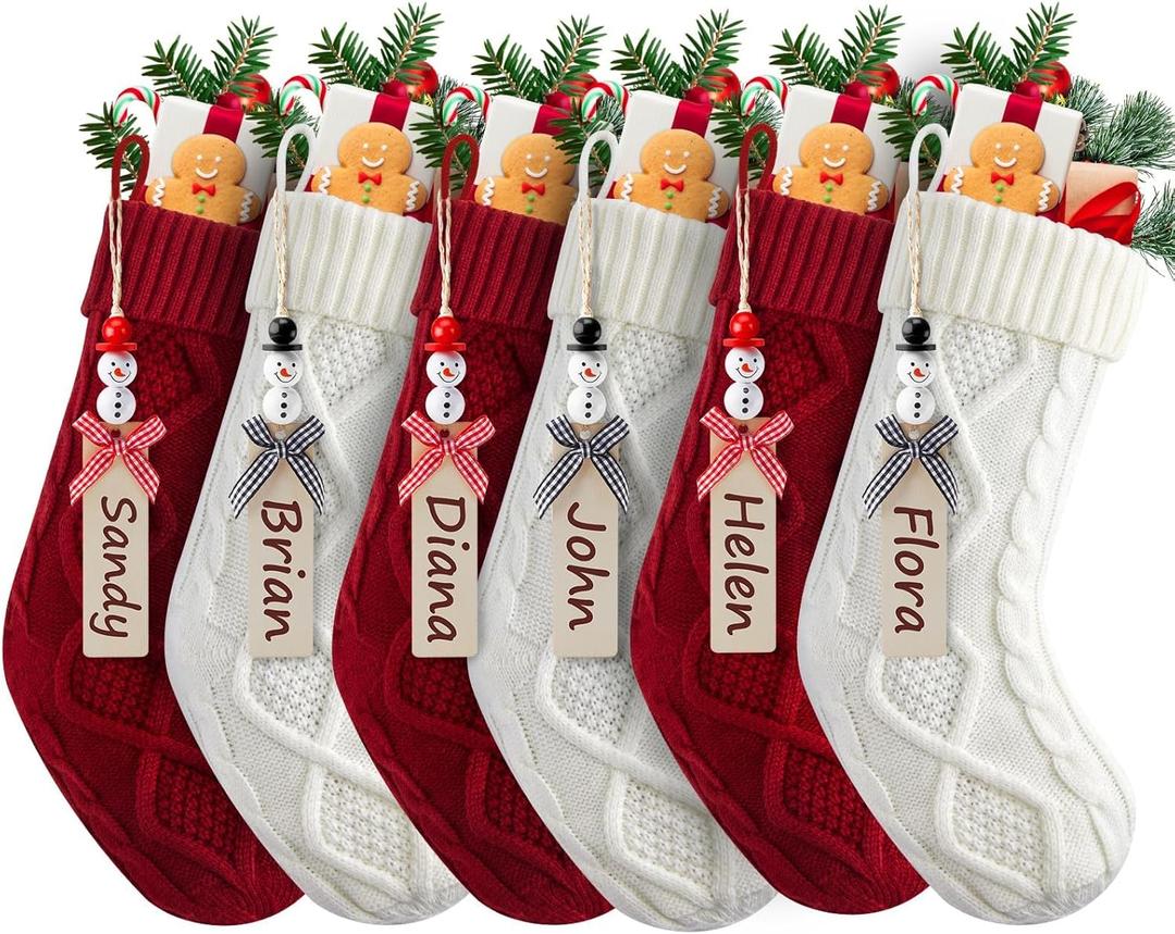 Minetom Personalized Christmas Stockings,18 Inches Custom Name Christmas Stocking with DIY Snowman Name Tags,6 Pack Knitted Xmas Stocking for Stair Fireplace Tree Hanging,Red and White