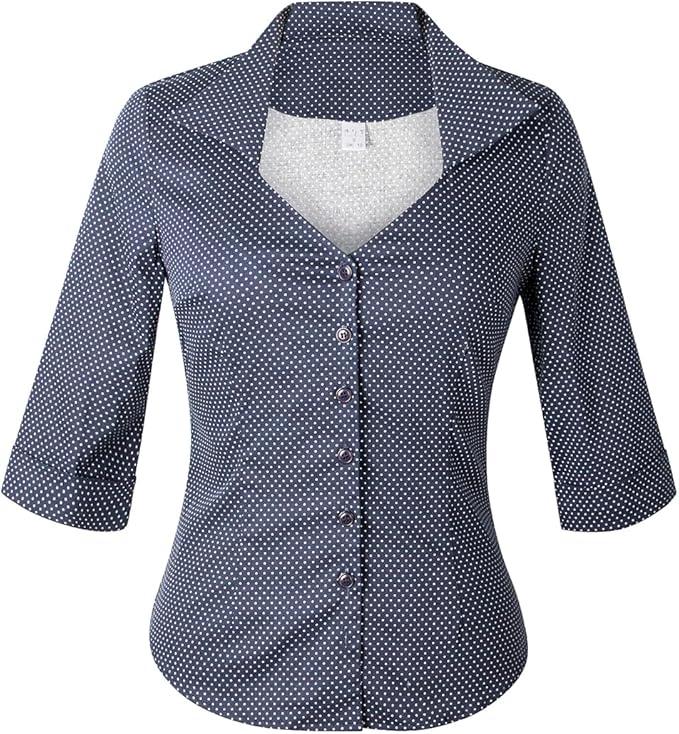YARN & INK Women's Solid Classic-Fit Casual Blouses Button Down 3/4 Sleeve Dress Shirt 1950s Retro Elegant Work Office Tops (X-Large, 12-bluedots)