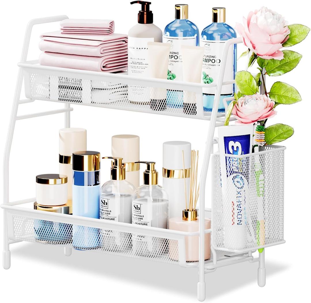 Famhap Bathroom Counter Organizer, Bathroom Organizer Countertop with Side Basket, Kitchen Countertop Organizer, Metal Spice Rack Organizer, White 13.8"x7"x12.6"