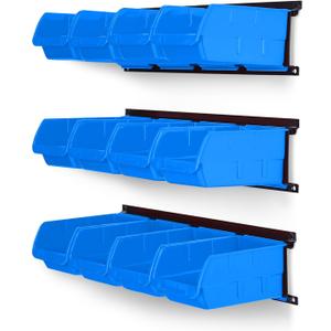 Ultrawall Wall Mounted Storage Bins, Plastic Hanging Storage Organizer Bins, Garage Tool Storage System for Screws, Nuts, Bolts, Nails, and Small Hardware Parts, 12x Bins & 3x Rails, Blue